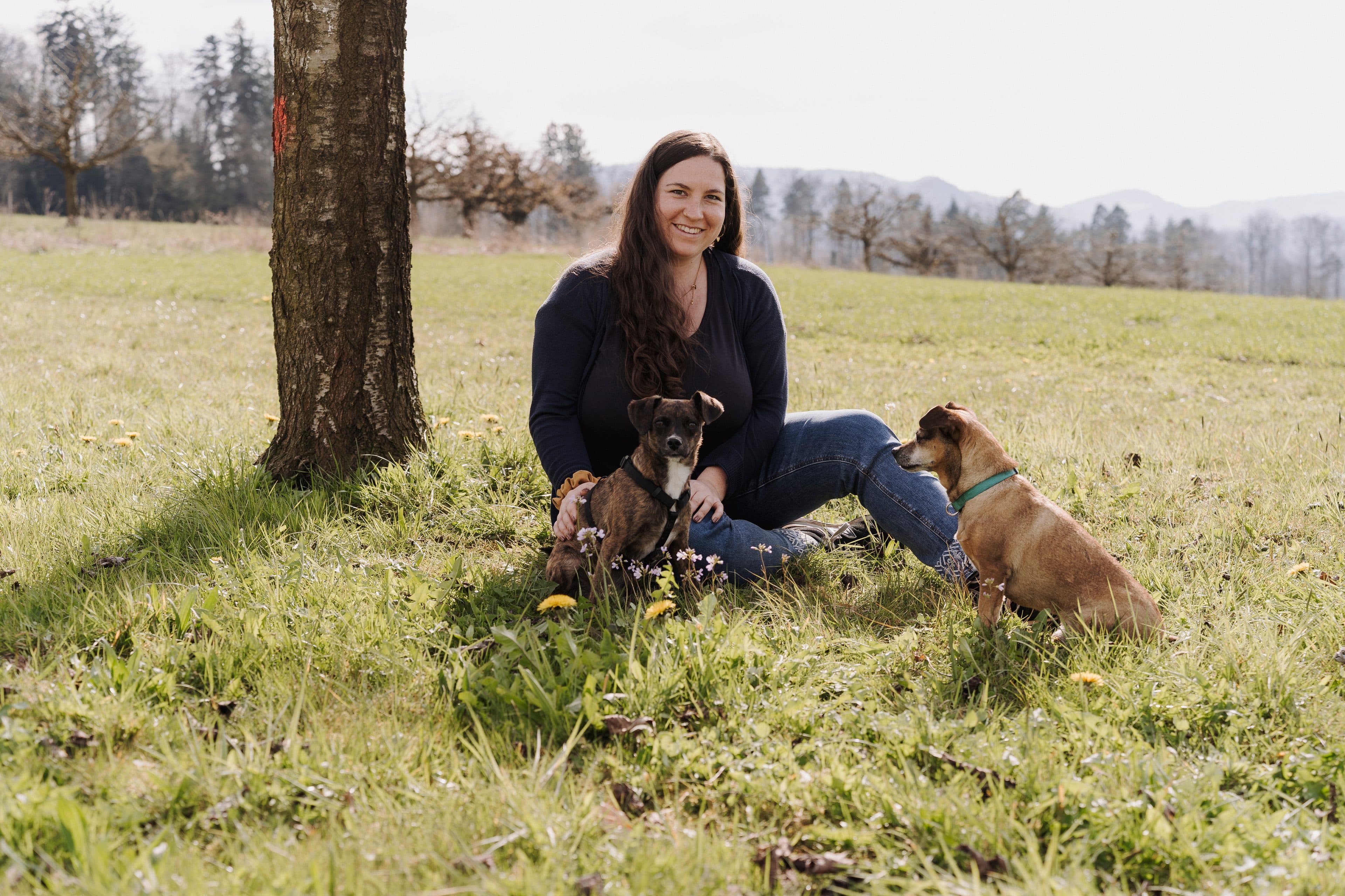Liliane sitzt mit zwei Hunden entspannt auf einer Wiese